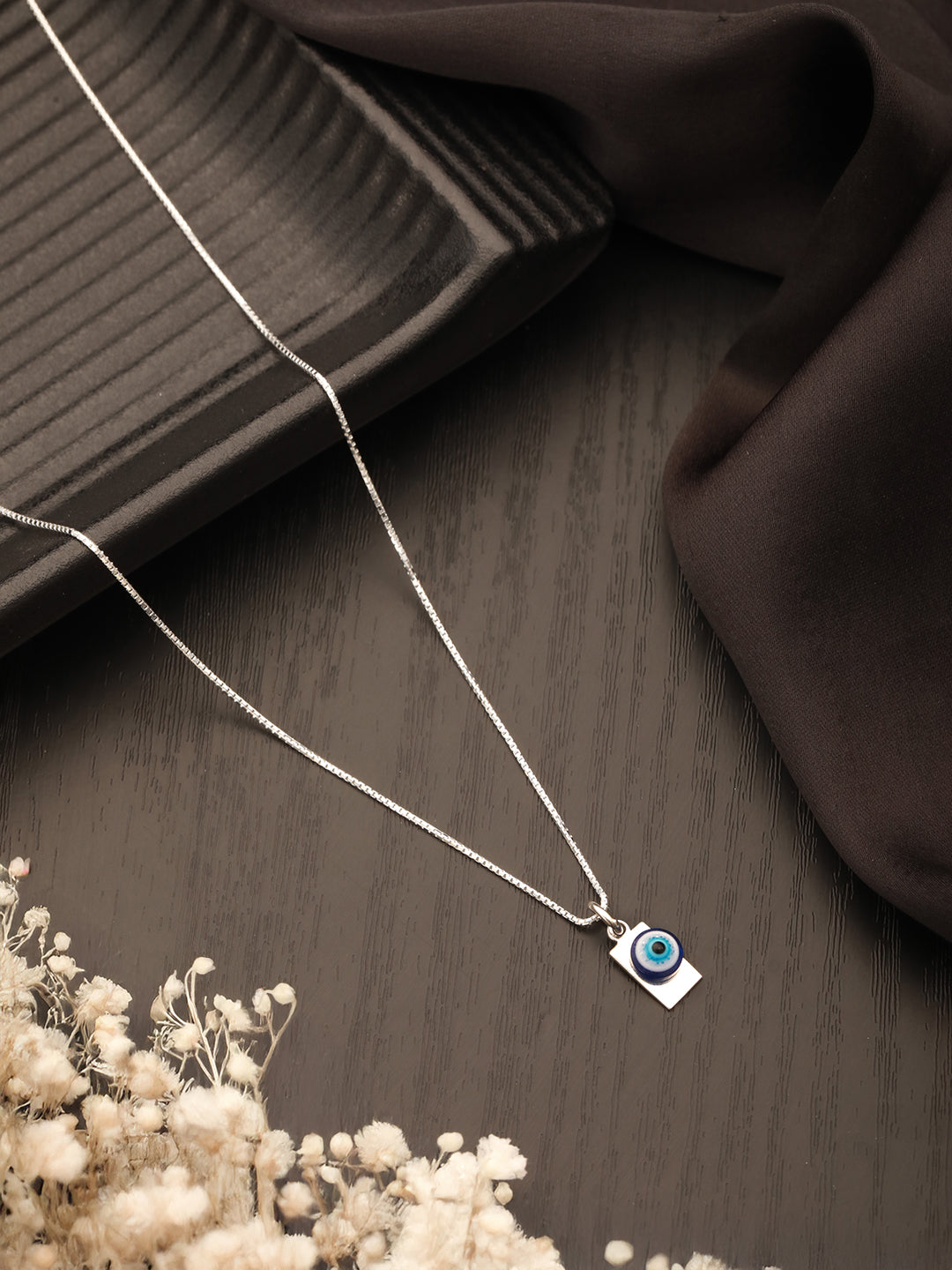 925 Sterling silver Rhodium Plated Bar Evil Eye Charm Pendant Necklace & Chain